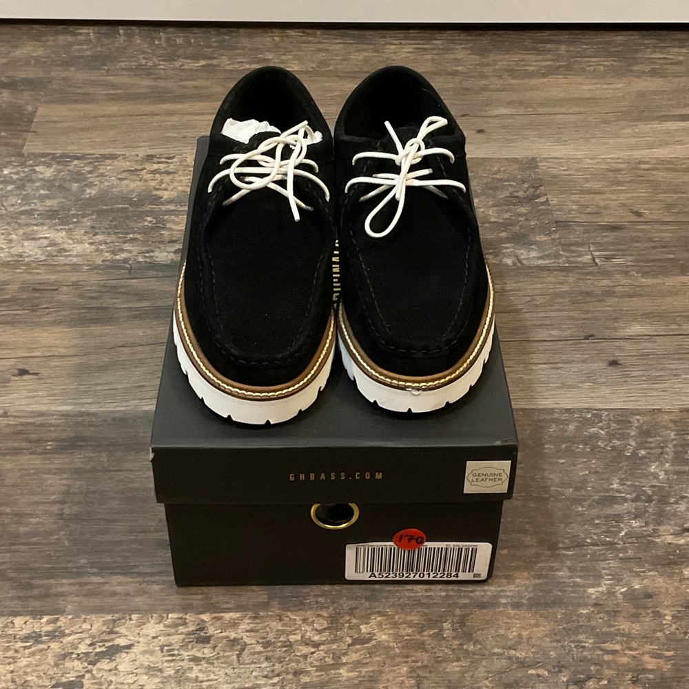 G.H Bass Women's Black Moccasins with White Laces